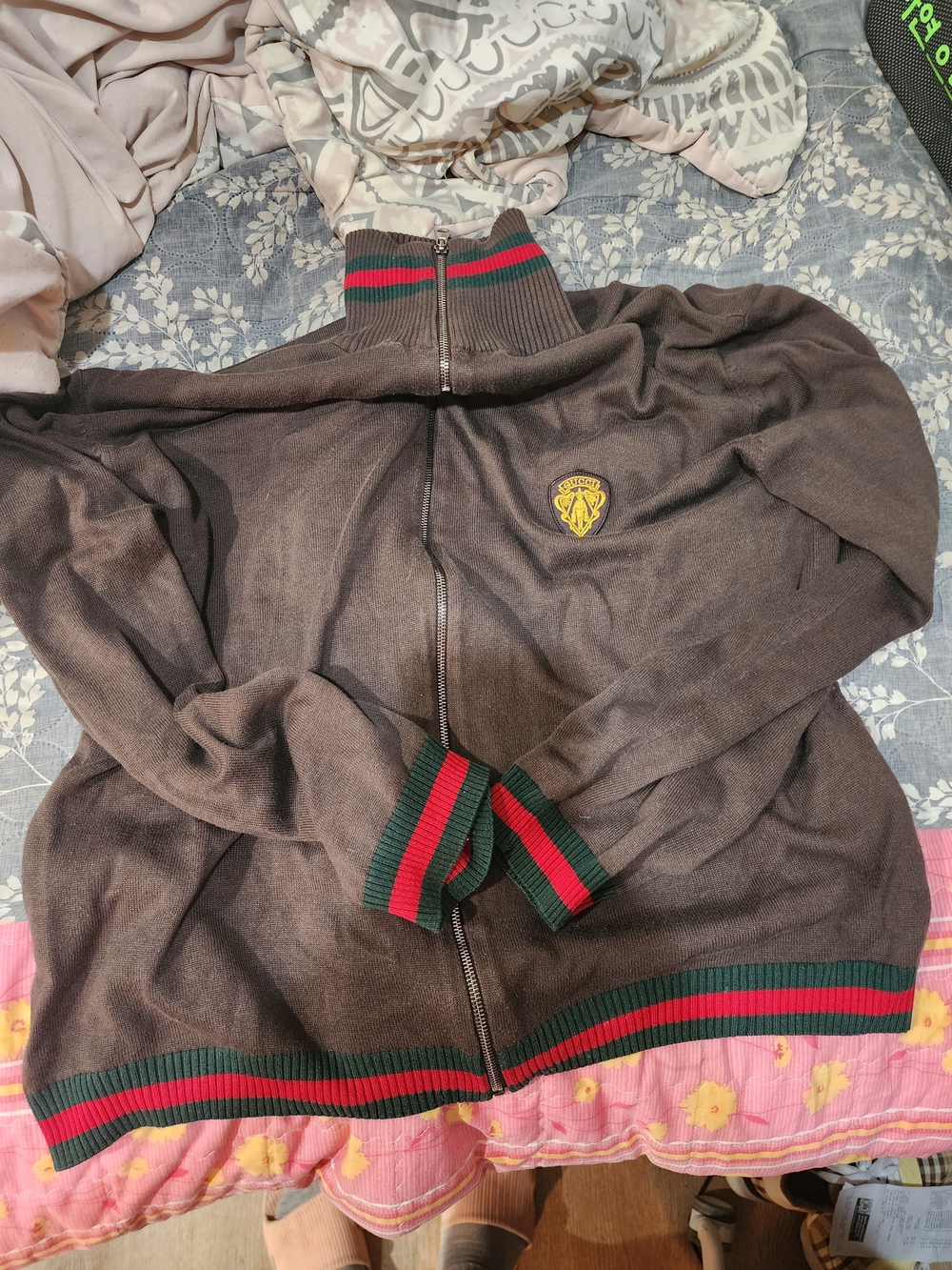 Gucci Brown Zip Cardigan with Green & Red Stripe Trim
